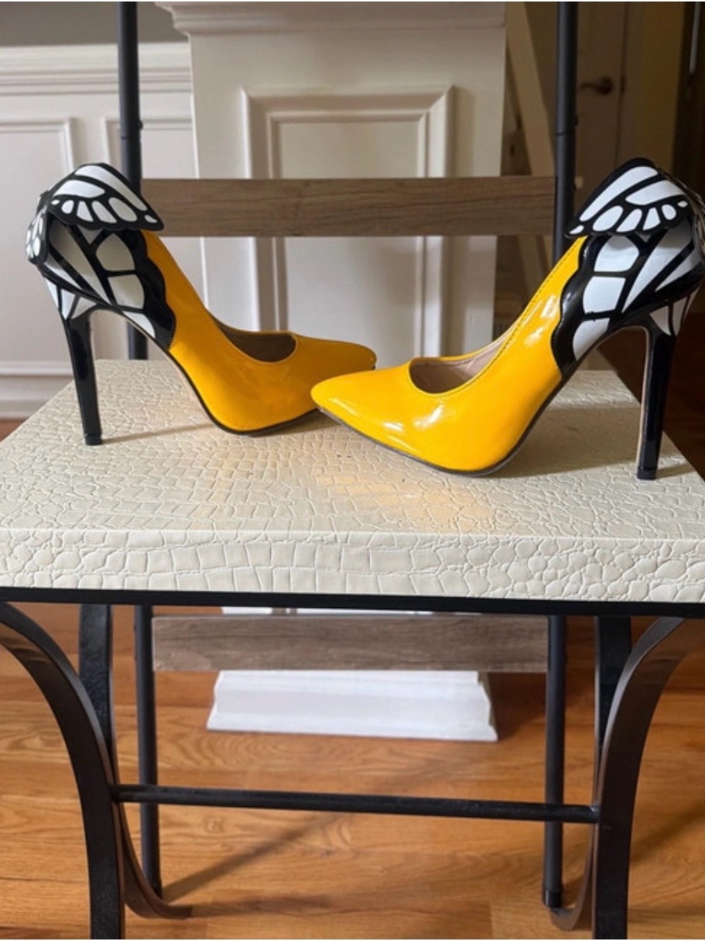 Bold Yellow Patent Wing-Detail Stiletto Pumps